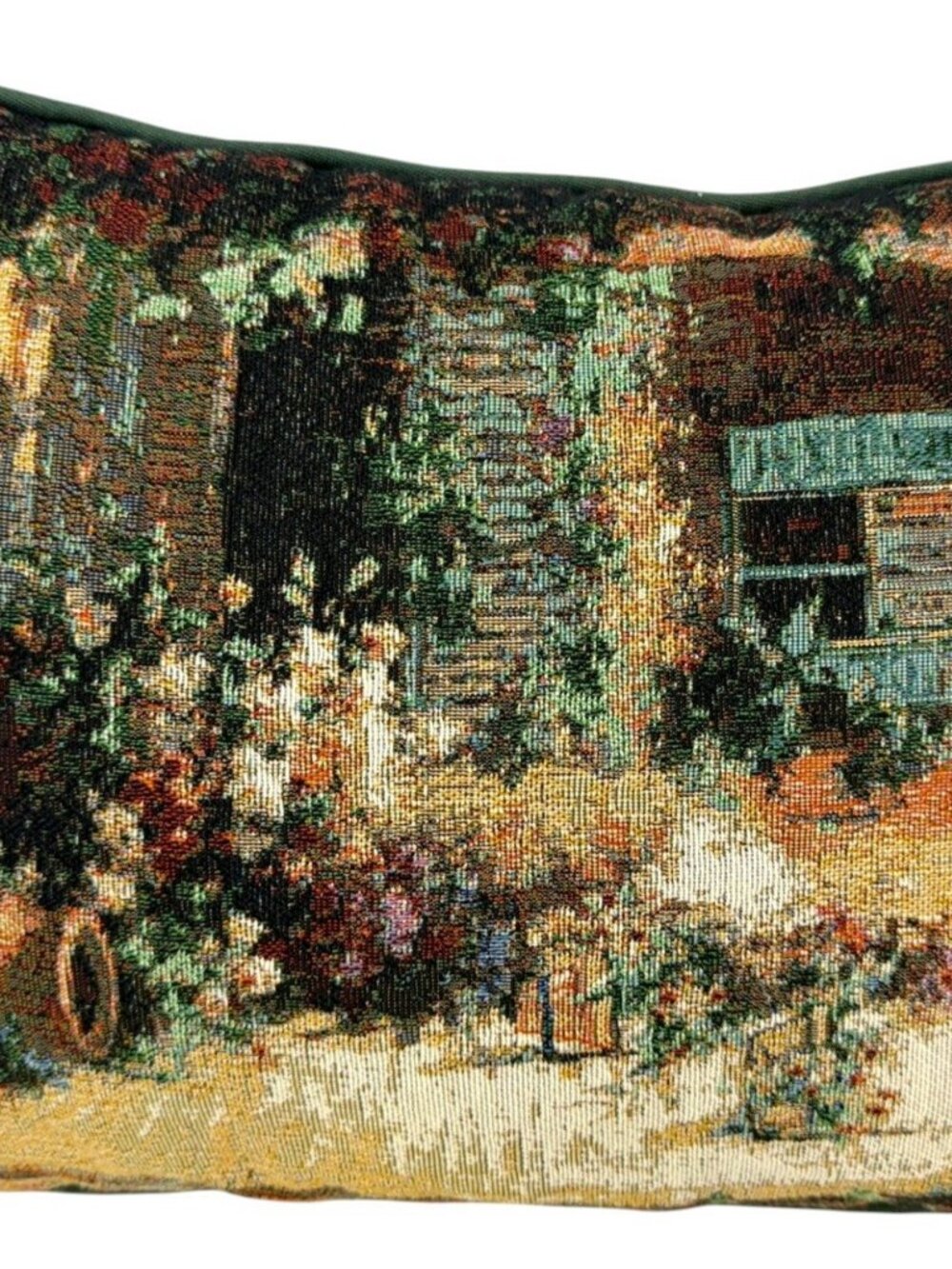 La France Vintage Tapestry Pillow Floral Shop Scene 16x12 Made in USA Green